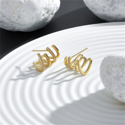 Cubic Zirconia and 18K Gold-Plated Pav¨¦ Prong Stud Earrings, gold stud earrings for women, everyday style, side view