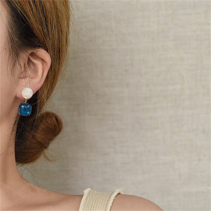 Rose Quartz and Blue Resin Round Square Drop Earrings, drop earrings for women, botanical inspired, styled look