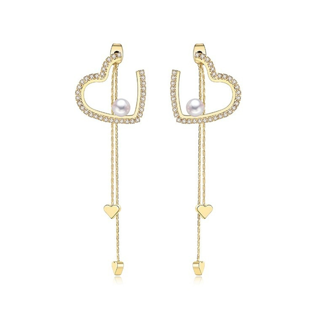 Pearl & Cubic Zirconia 18K Gold-Plated Heart Tassel Drop Earrings