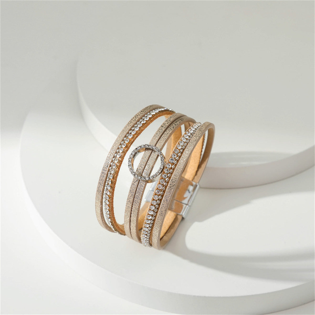 Coffee Polystyrene & Cubic Zirconia Silver-Plated Bead-Chain Circle-Charm Bangle