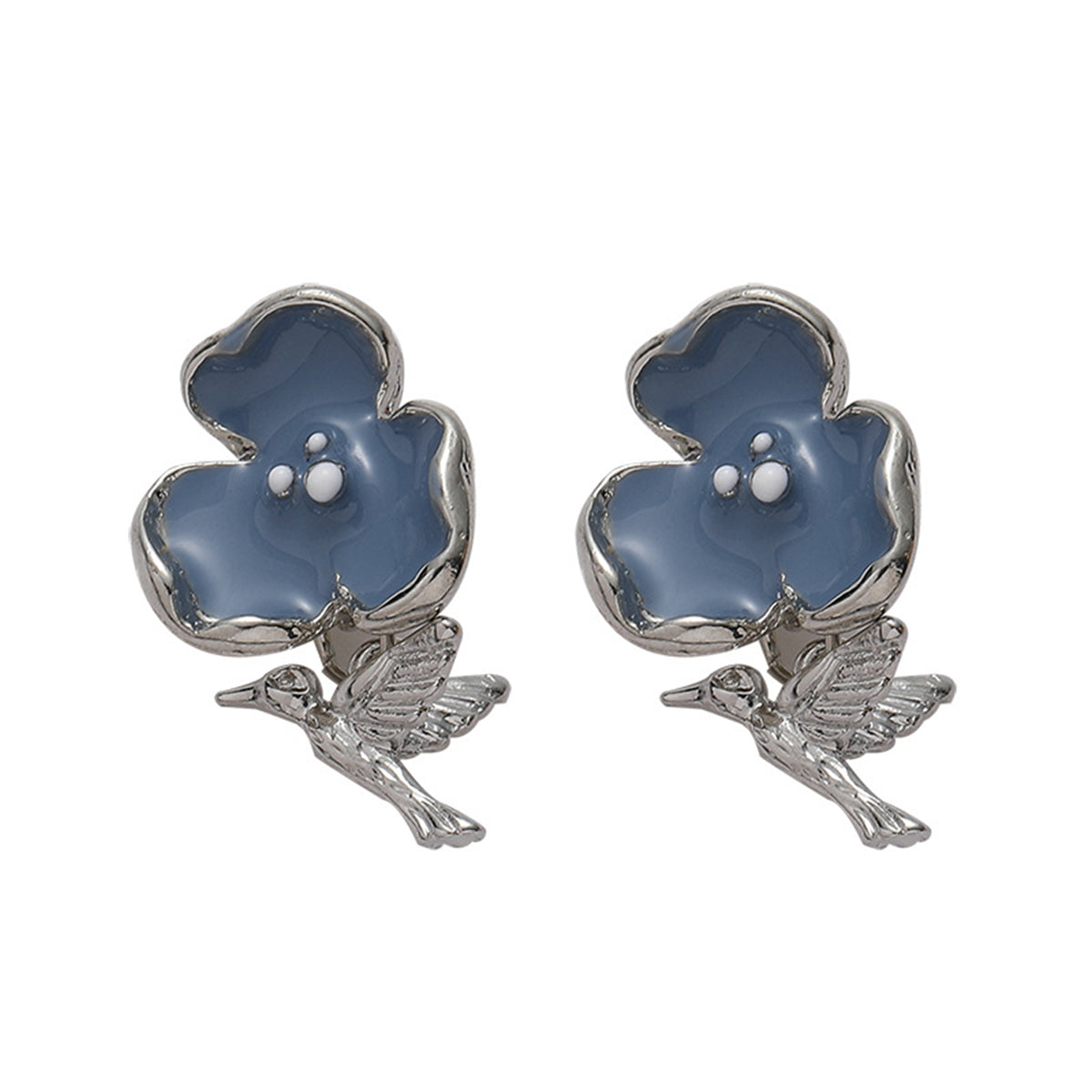 Blue Enamel and Silver-Plated Flower and Hummingbird Drop Earrings, silver drop earrings for women, front view