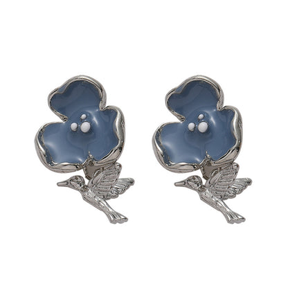 Blue Enamel and Silver-Plated Flower and Hummingbird Drop Earrings, silver drop earrings for women, front view