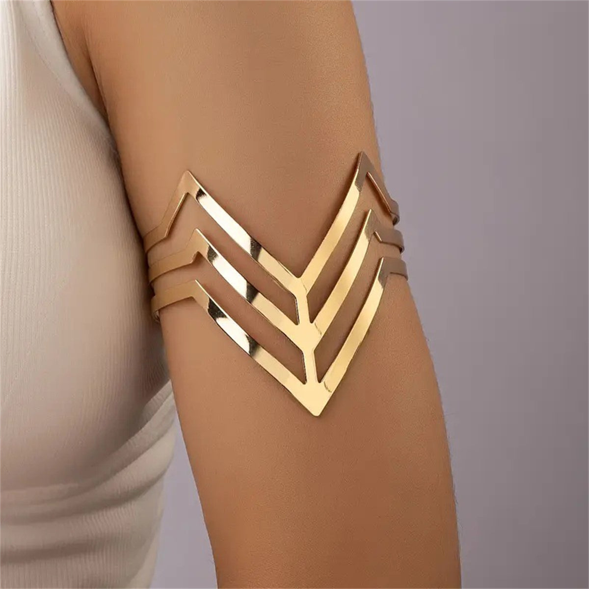 18K Gold-Plated Chevron Sheild Bypass Arm Cuff, dainty minimalist design, front view
