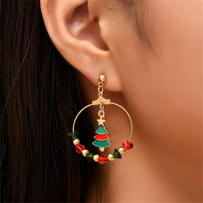 Red Enamel and Acrylic 18K Gold-Plated Christmas Tree Drop Earrings, gold drop earrings for women, detail close-up