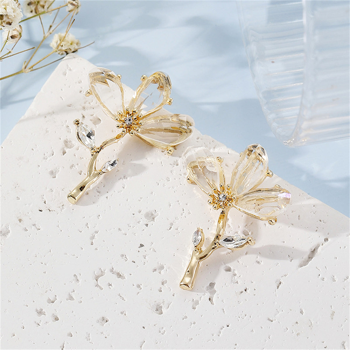 Clear Crystal and 18K Gold-Plated Flower Drop Earrings, gold stud earrings for women, botanical inspired, detail close-up