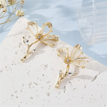 Clear Crystal and 18K Gold-Plated Flower Drop Earrings, gold stud earrings for women, botanical inspired, detail close-up