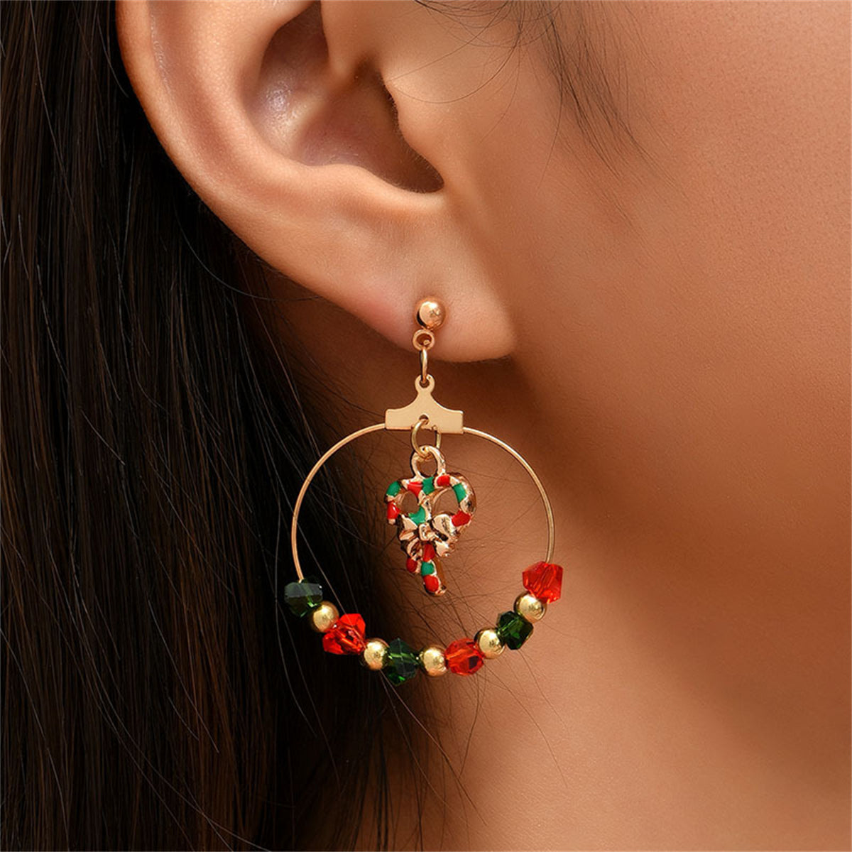 Red Enamel and Acrylic 18K Gold-Plated Candy Cane Drop Earrings, gold drop earrings for women, detail close-up