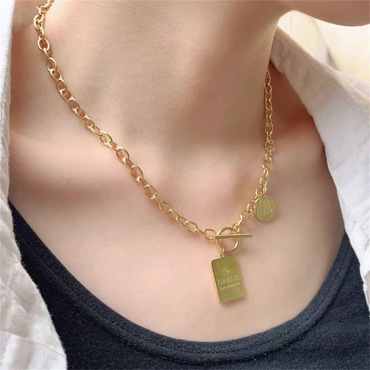 18K Gold-Plated 'Grace' Toggle Pendant Necklace, gold pendant necklace for women, vintage-inspired design, front view