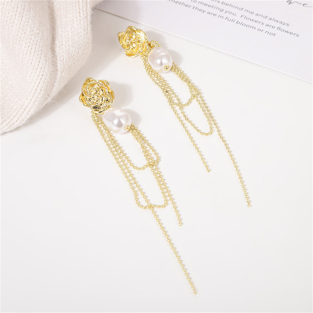 Pearl and 18K Gold-Plated Floral Tassel Drop Earrings, gold drop earrings for women, everyday style, lifestyle look