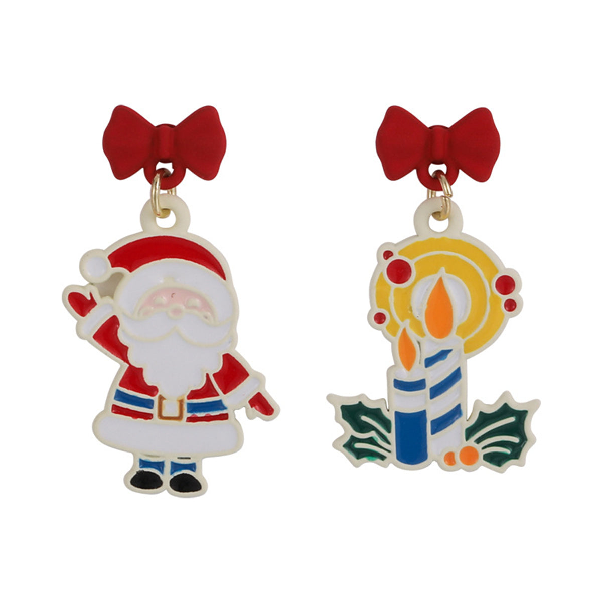 Yellow & Red Santa Candles Mismatch Drop Earrings