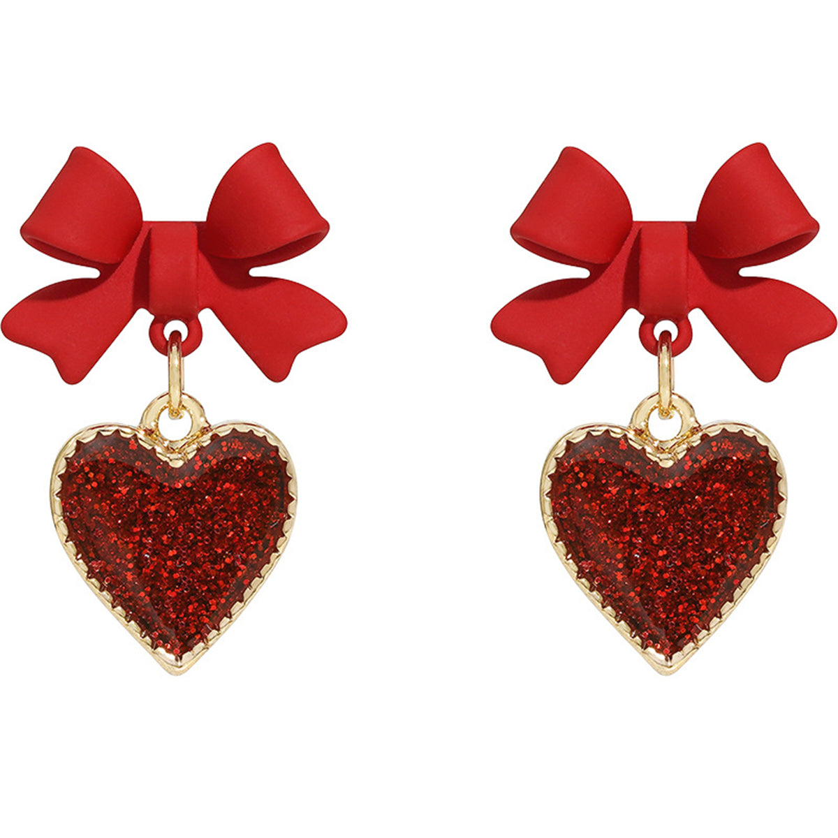 Red Enamel and Cubic Zirconia 18K Gold-Plated Bow Heart Drop Earrings, gold drop earrings for women, lifestyle look