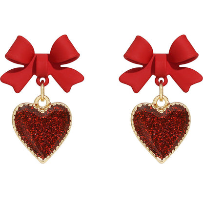 Red Enamel and Cubic Zirconia 18K Gold-Plated Bow Heart Drop Earrings, gold drop earrings for women, lifestyle look