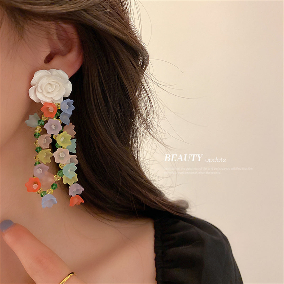White and Yellow Beaded Floral Tassel Drop Earrings, drop earrings for women, dainty minimalist design, detail close-up