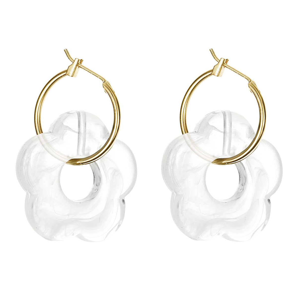 White Resin and 18K Gold-Plated Floral Huggie Earrings, gold huggie earrings, vintage-inspired design, front view