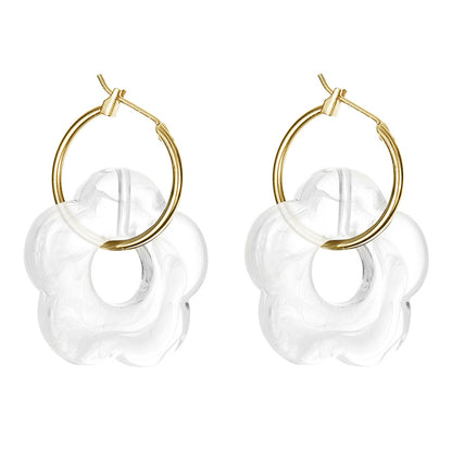 White Resin and 18K Gold-Plated Floral Huggie Earrings, gold huggie earrings, vintage-inspired design, front view