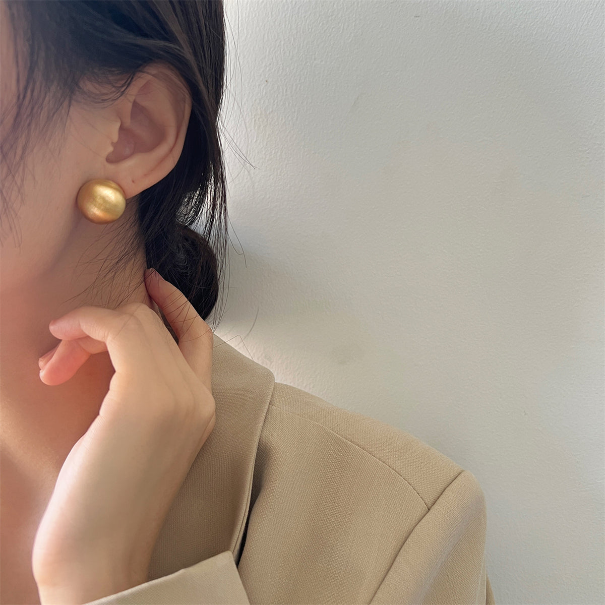 18K Gold-Plated Frosted Round Stud Earrings, gold stud earrings for women, botanical inspired, lifestyle look