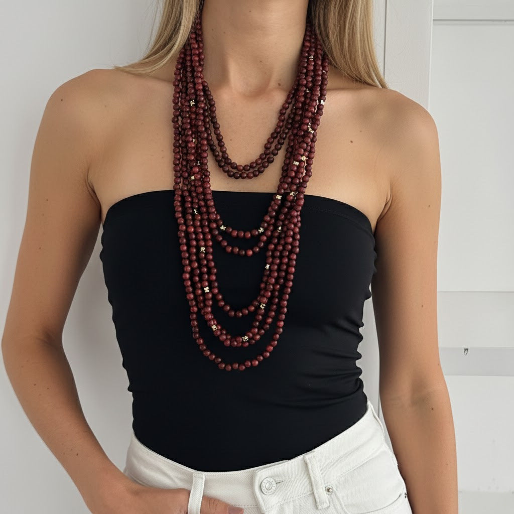Red Wood and Goldtone Star Beaded Chain Layered Necklace, vintage-inspired design, lifestyle look