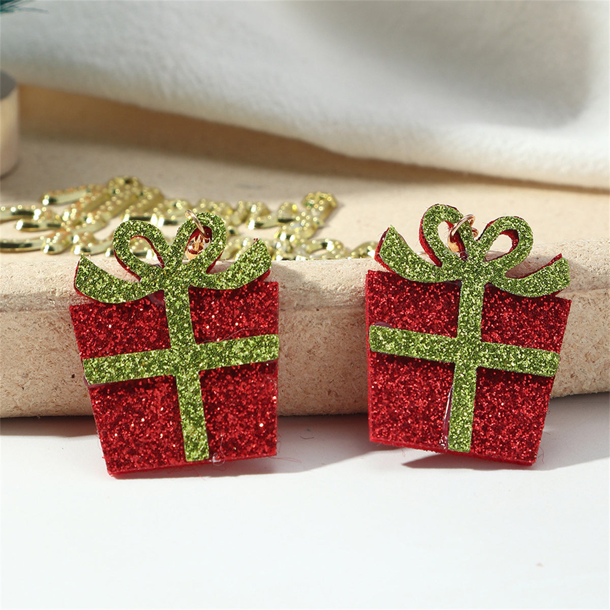 Red and Gift Green Glitter Box Drop Earrings, drop earrings for women, botanical inspired, detail close-up