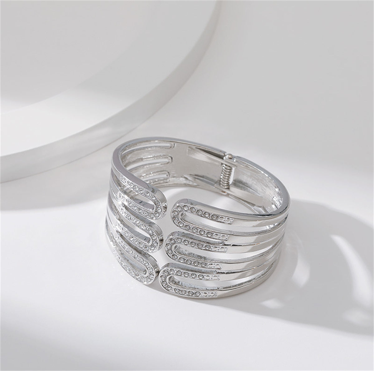 Cubic Zirconia and Silver-Plated Pin Layered Bangle, silver bangle bracelet, everyday style, detail close-up