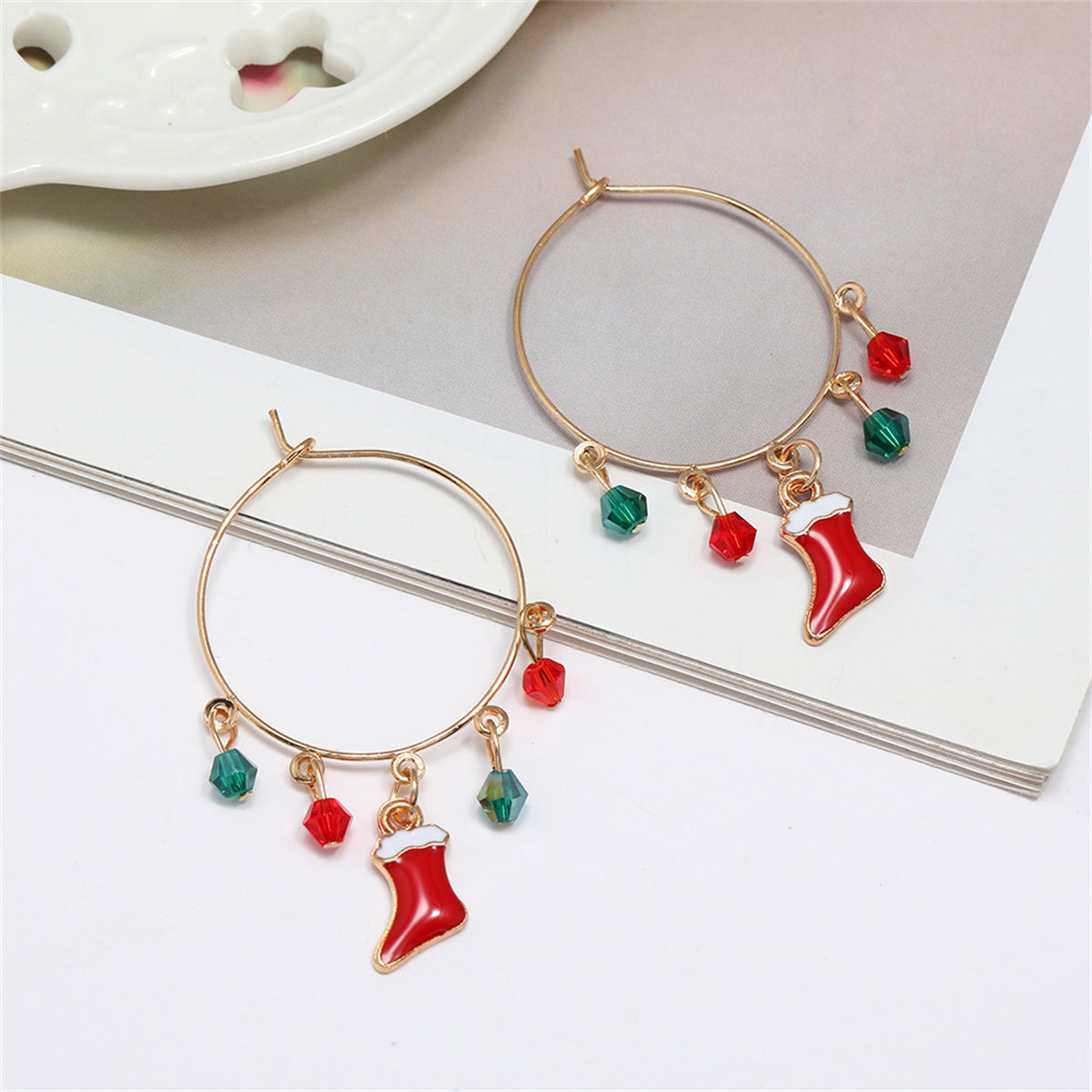 Red Acrylic & Enamel 18K Gold-Plated Boot Hoop Earring