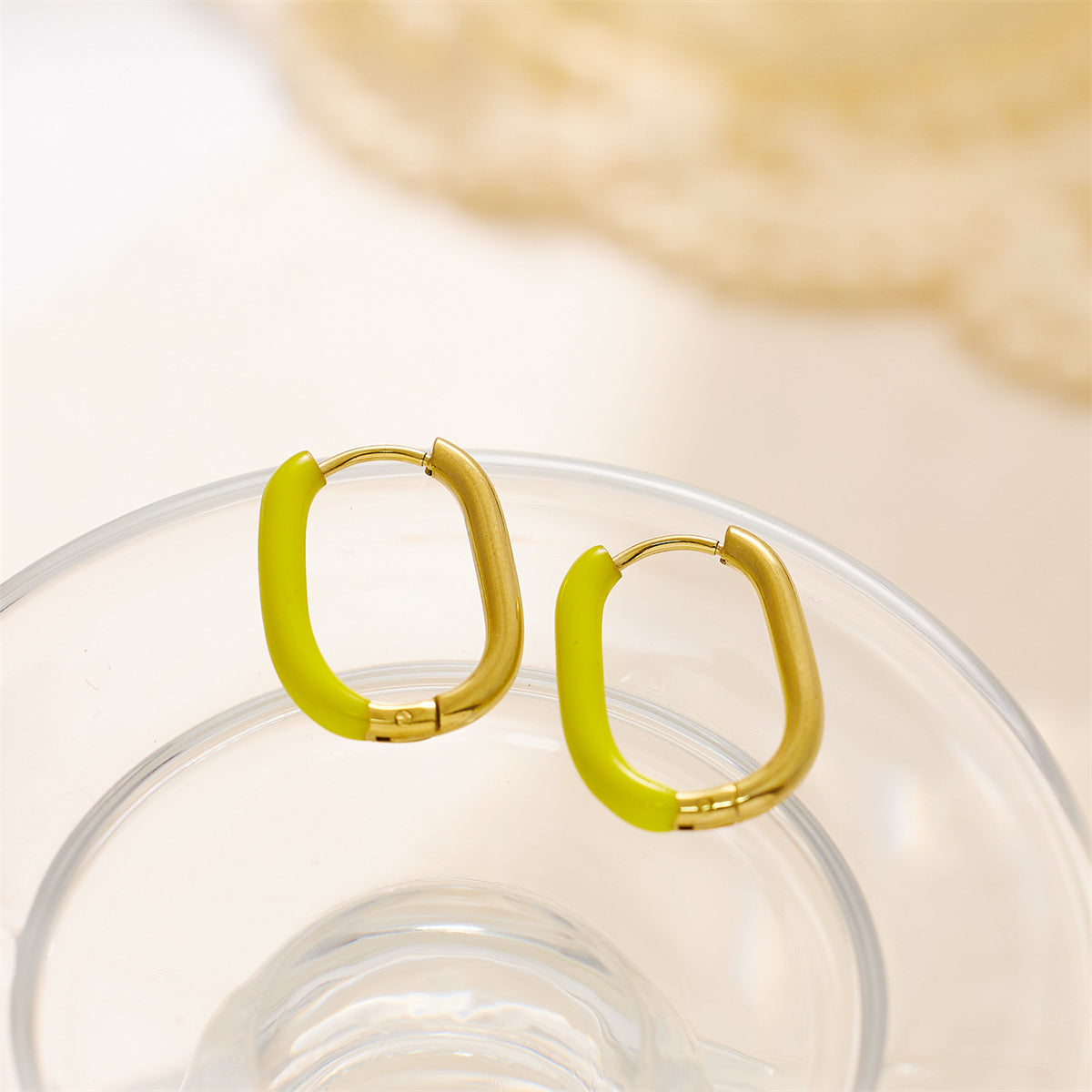 Orange Enamel and 18K Gold-Plated Square Huggie Earrings, gold huggie earrings, botanical inspired, side view