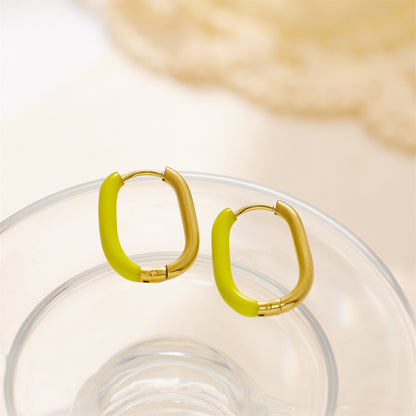 Orange Enamel and 18K Gold-Plated Square Huggie Earrings, gold huggie earrings, botanical inspired, side view