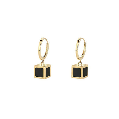 Black Acrylic and 18K Gold-Plated Cube Huggie Earrings, gold huggie earrings, elegant gift for her, side view