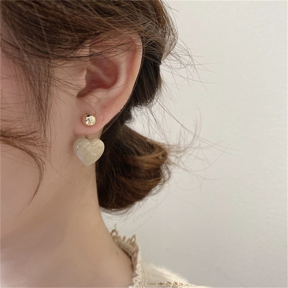 Gray Enamel & 18K Gold-Plated Heart Ear Jackets