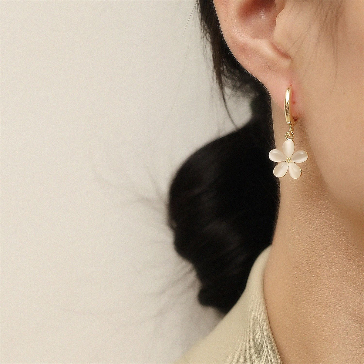 Cat's Eye & 18K Gold-Plated Flower Huggie Earrings