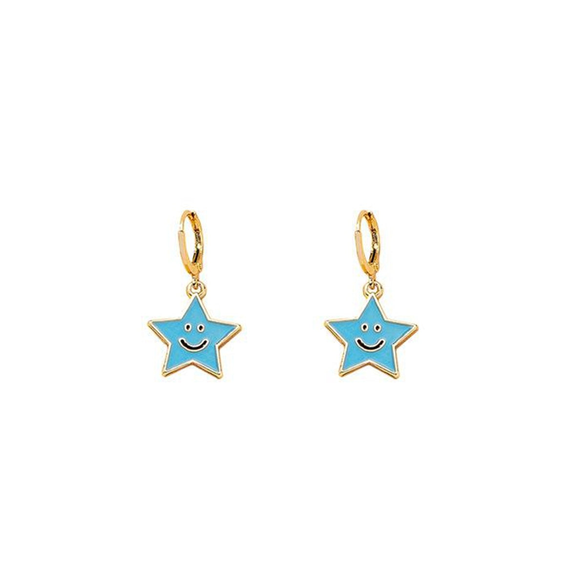 Blue Enamel & 18K Gold-Plated Smiley Star Huggie Drop Earrings