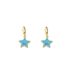Blue Enamel & 18K Gold-Plated Smiley Star Huggie Drop Earrings