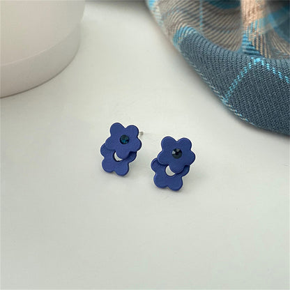 Blue Cubic Zirconia and Enamel Flower Stud Earrings, stud earrings for women, botanical inspired, detail close-up
