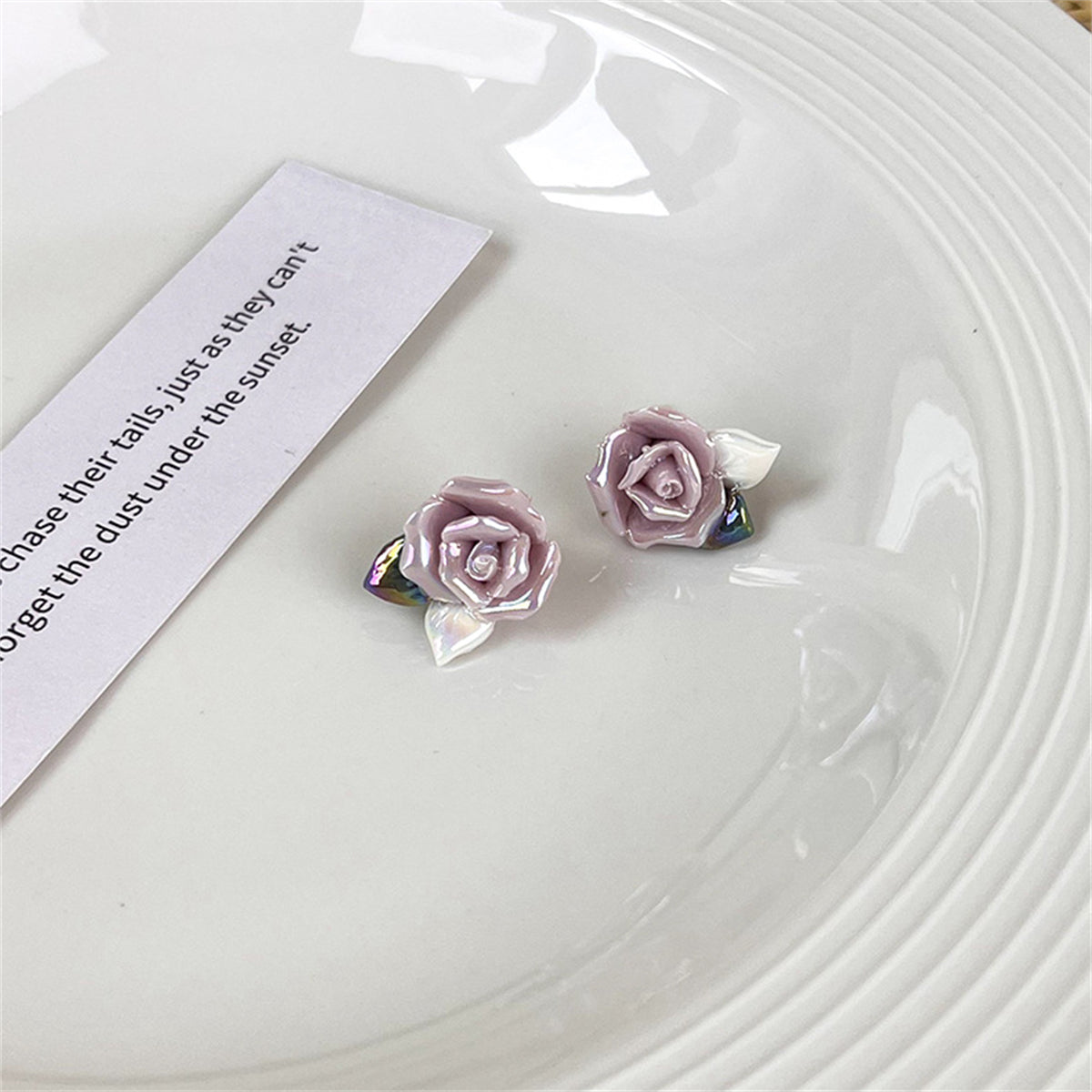 Purple Resin & Enamel 18K Gold-Plated Rose Stud Earrings