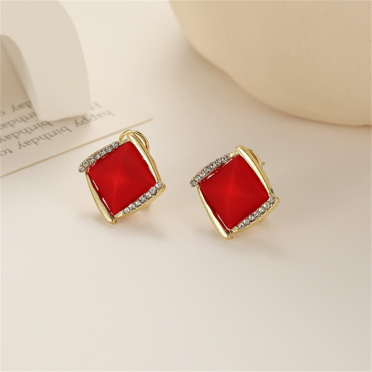 Red Resin and Cubic Zirconia Rhombus Stud Earrings, stud earrings for women, vintage-inspired design, side view