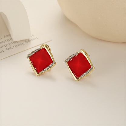 Red Resin and Cubic Zirconia Rhombus Stud Earrings, stud earrings for women, vintage-inspired design, side view