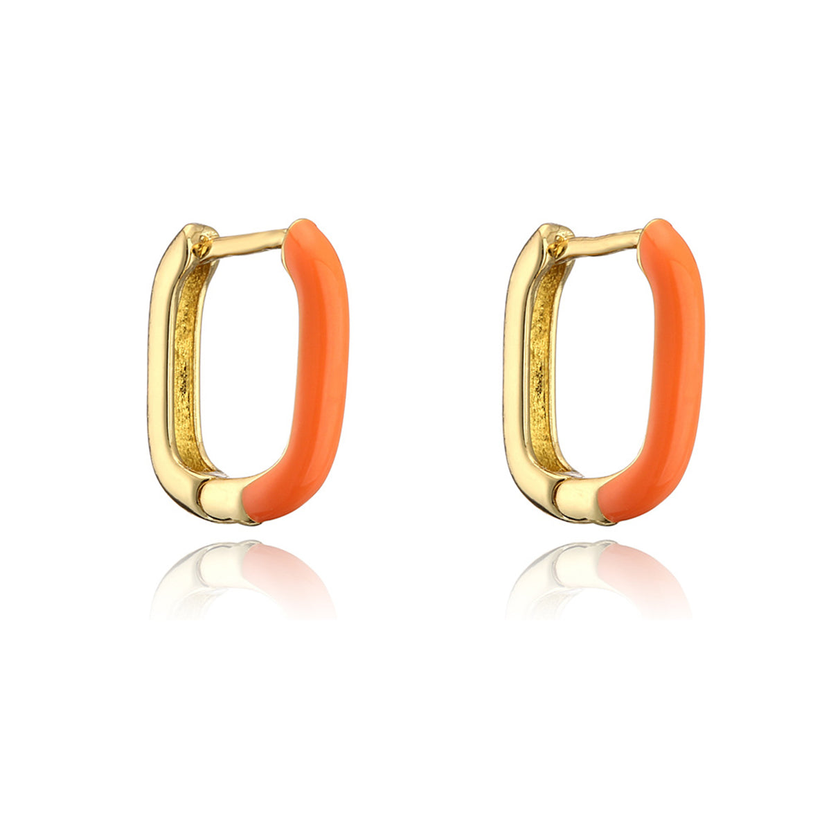 Orange Enamel and 18K Gold-Plated Square Huggie Earrings, gold huggie earrings, botanical inspired, front view