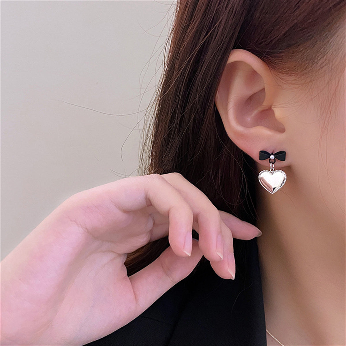 Pearl and Black Enamel Silver-Plated Bow Heart Drop Earrings, silver drop earrings for women, lifestyle look