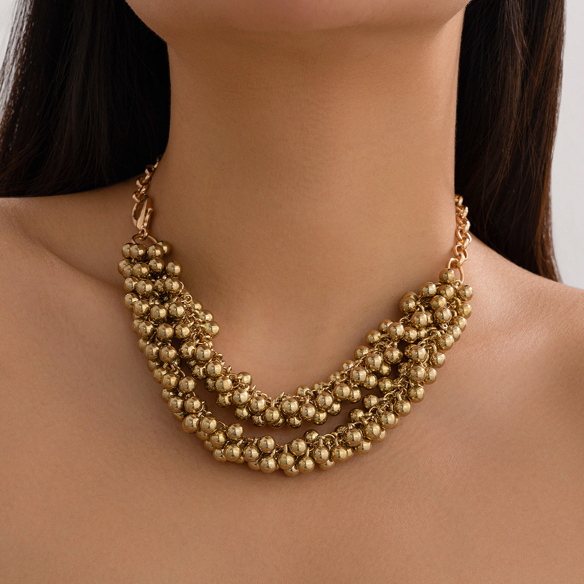 18K Gold-Plated Beaded Chain Necklace, gold pendant necklace for women, vintage-inspired design, front view