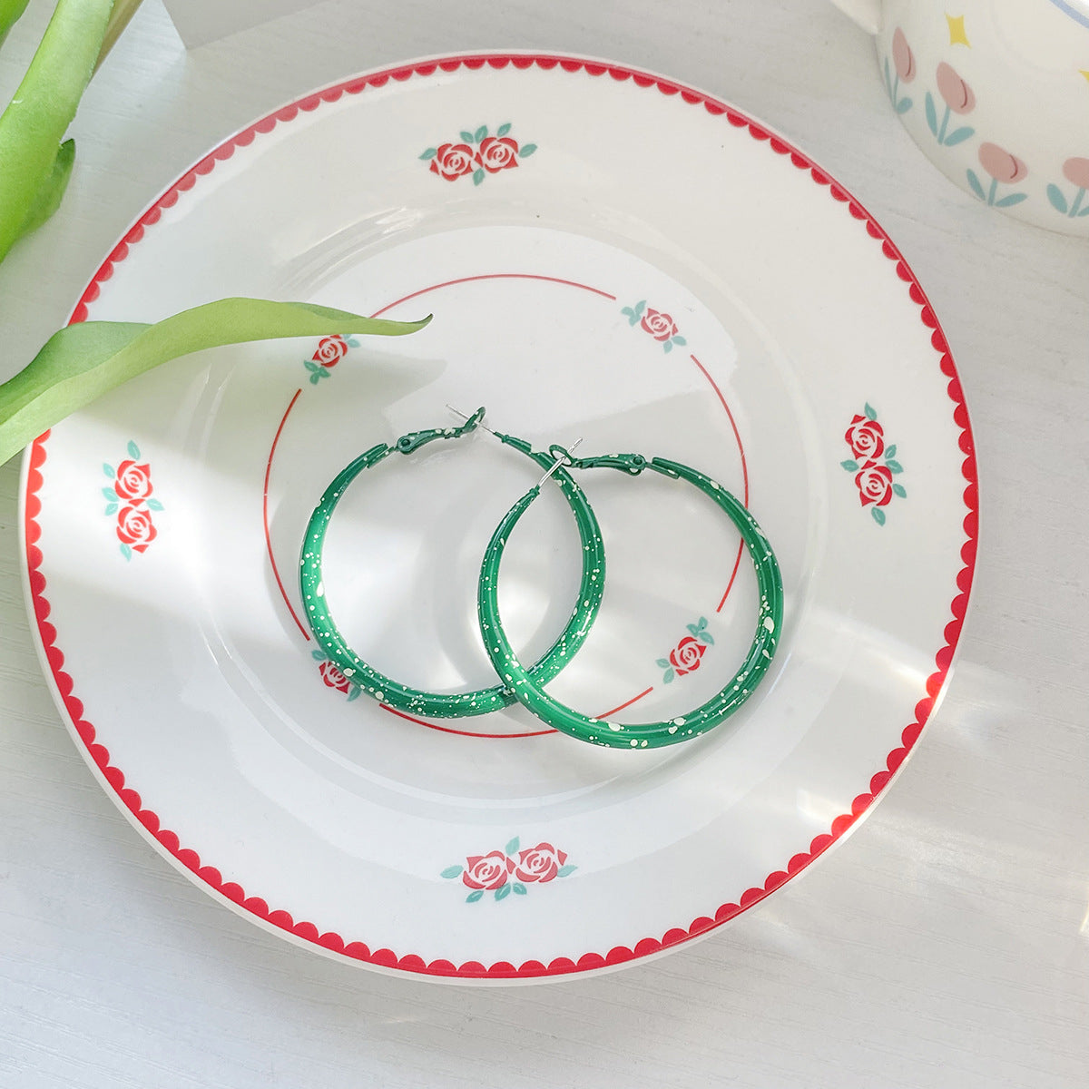 Green Enamel & Silver-Plated Hoop Earrings