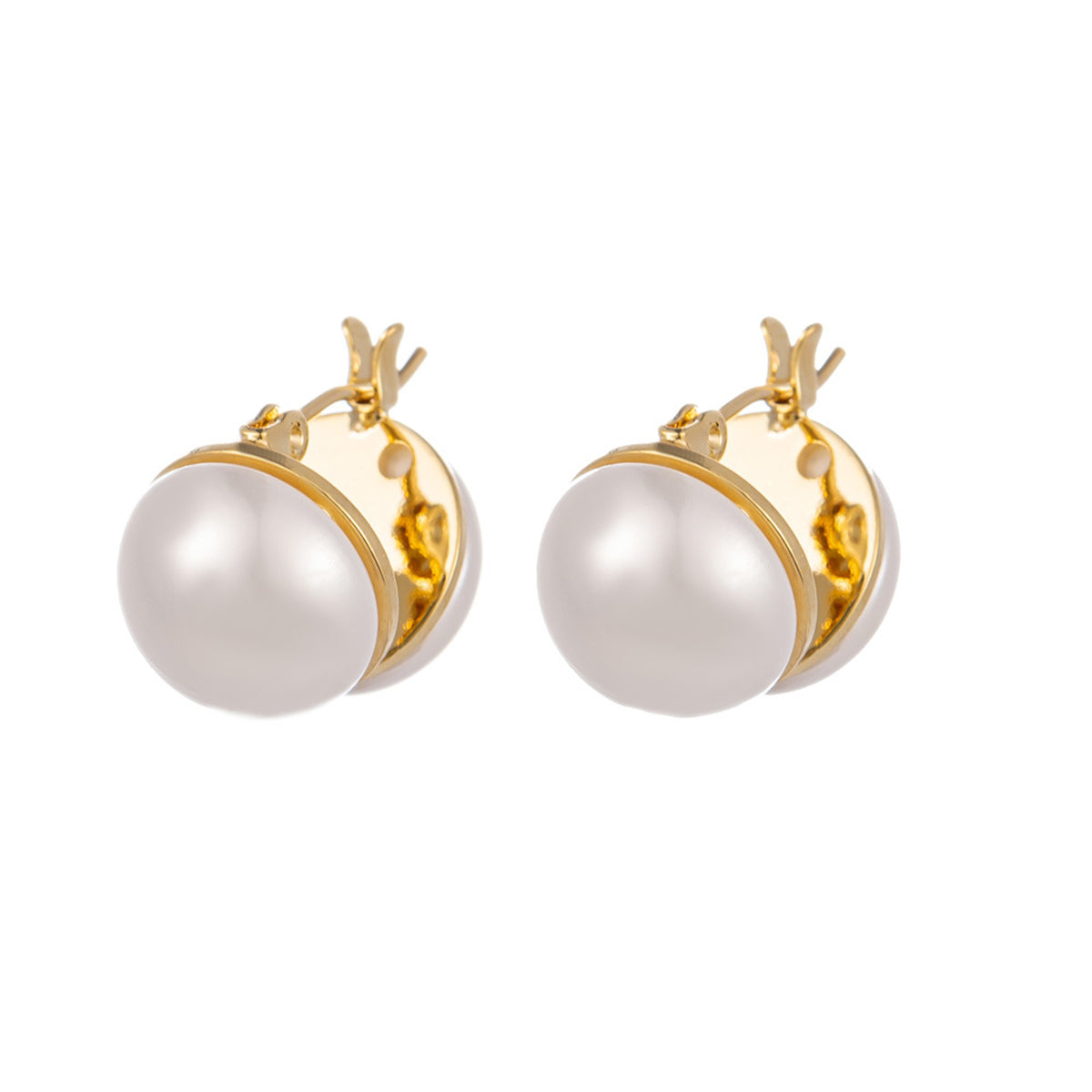 Pearl and 18K Gold-Plated Open Shell Huggie Earrings, gold huggie earrings, elegant gift for her, front view