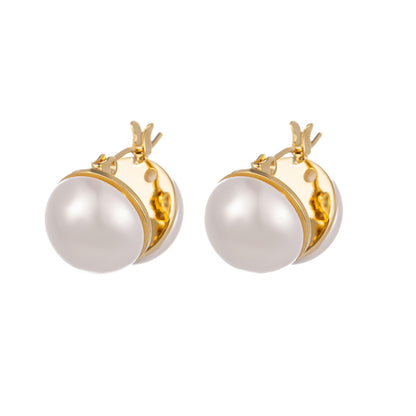 Pearl and 18K Gold-Plated Open Shell Huggie Earrings, gold huggie earrings, elegant gift for her, front view