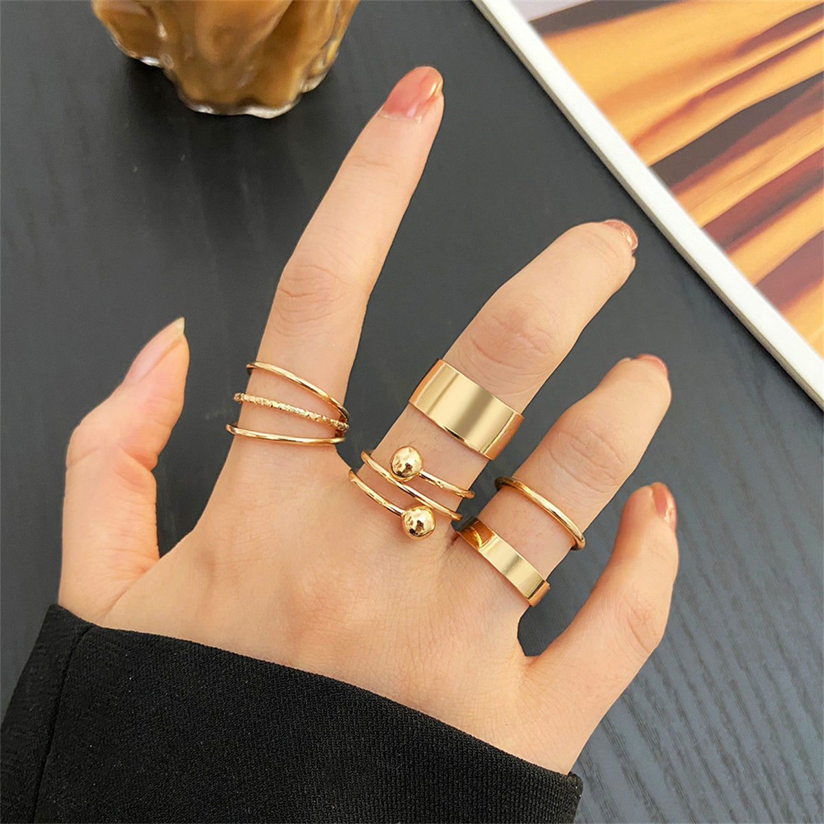 18K Gold-Plated Bypass and Layered Ring Set, jewelry gift sets for women, everyday style, front view
