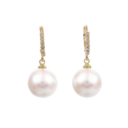 Cubic Zirconia and Pearl Huggie Drop Earrings, huggie earrings, dainty minimalist design, front view