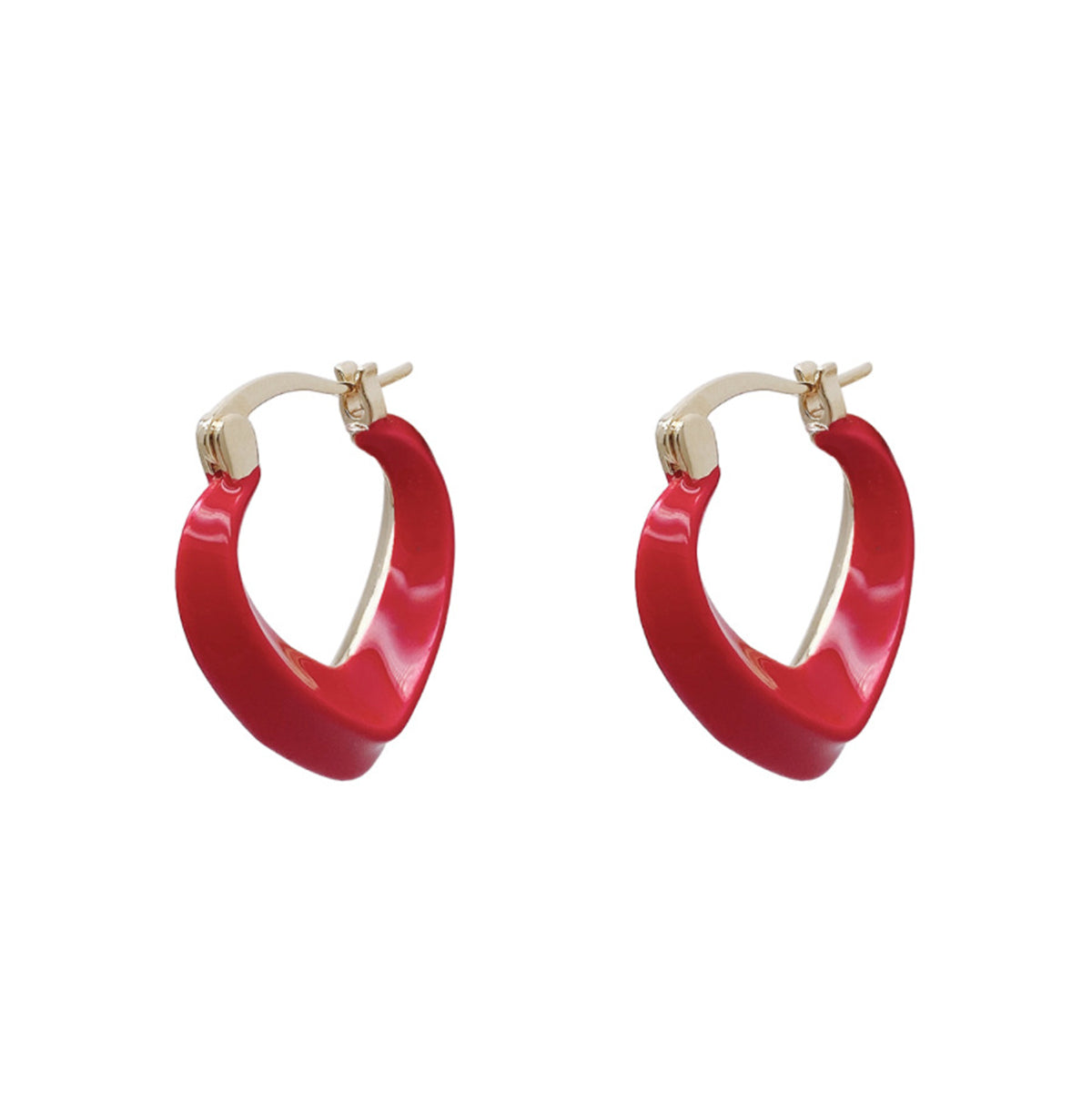 Red Enamel and 18K Gold-Plated Abstract Heart Hoop Earrings, gold stud earrings for women, vintage-inspired design, side view