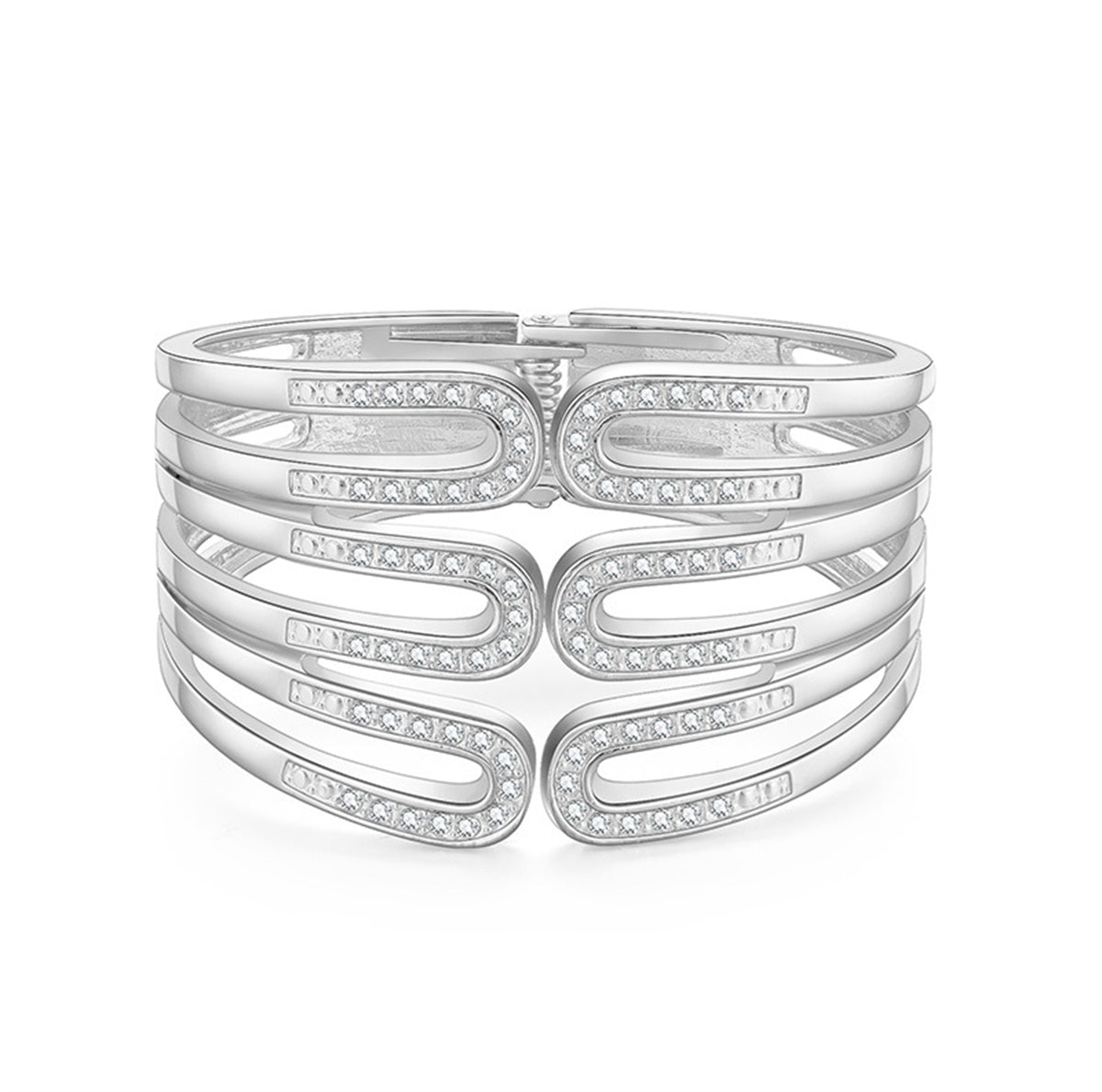 Cubic Zirconia and Silver-Plated Pin Layered Bangle, silver bangle bracelet, everyday style, front view