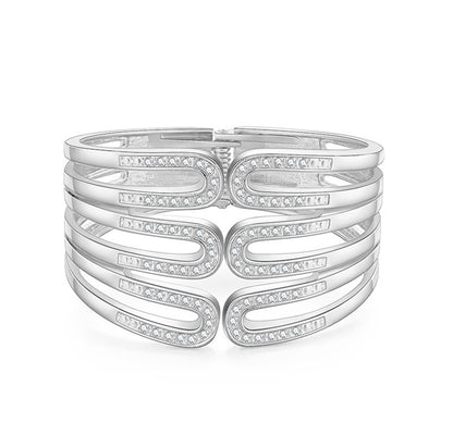 Cubic Zirconia and Silver-Plated Pin Layered Bangle, silver bangle bracelet, everyday style, front view