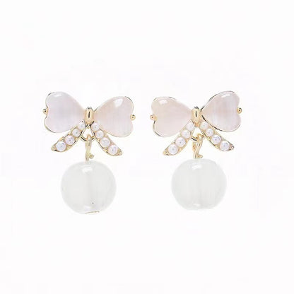 Quartz and Pearl 18K Gold-Plated Heart Bow Drop Earrings, gold drop earrings for women, vintage-inspired design, styled look