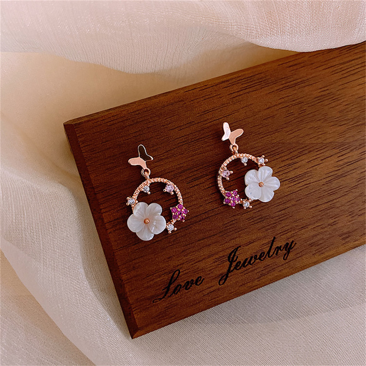Cubic Zirconia and Acrylic Rose Butterfly Flower Drop Earrings, drop earrings for women, dainty minimalist design, side view