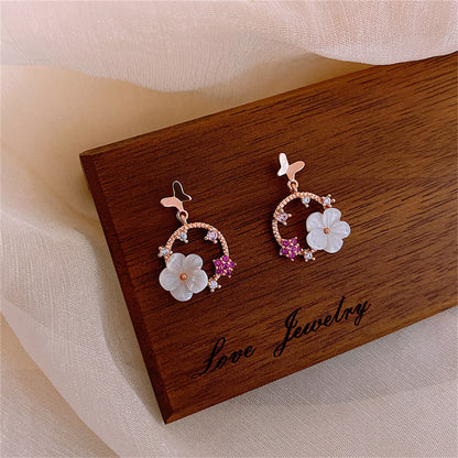 Cubic Zirconia and Acrylic Rose Butterfly Flower Drop Earrings, drop earrings for women, dainty minimalist design, side view