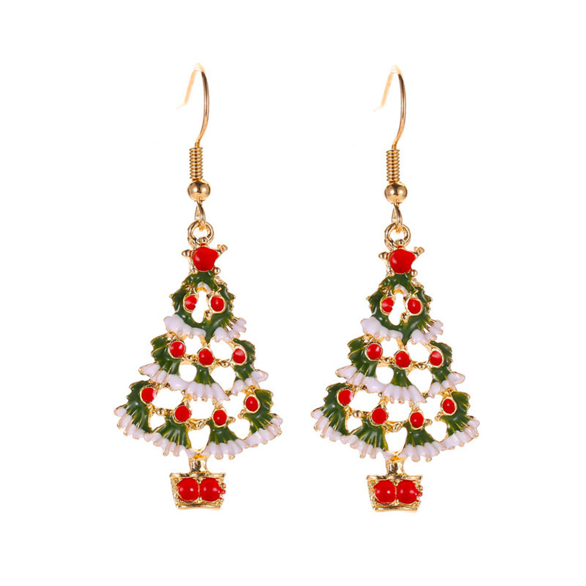 Red and Green Enamel Openwork Christmas Tree Drop Earrings, drop earrings for women, botanical inspired, detail close-up